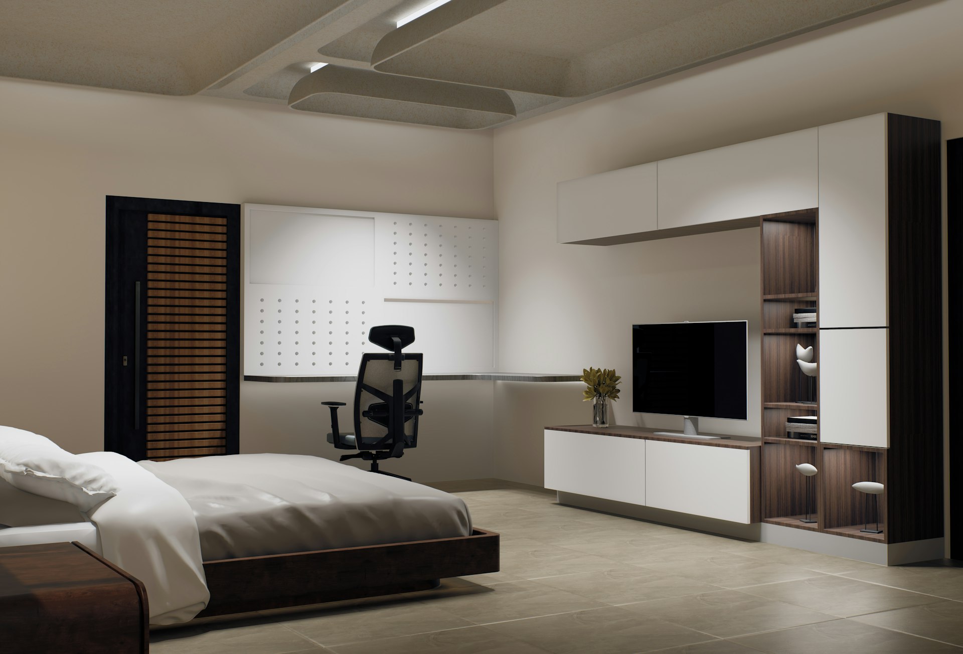 A modern bedroom features a built-in workspace.